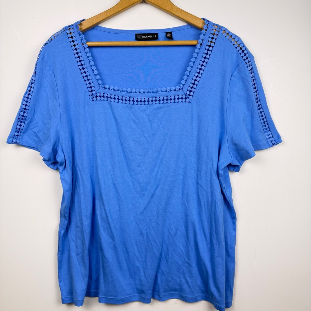 Rafaella Solid Blue Crochet Lace Trim Square Neck Short Sleeve Shirt Top XXL